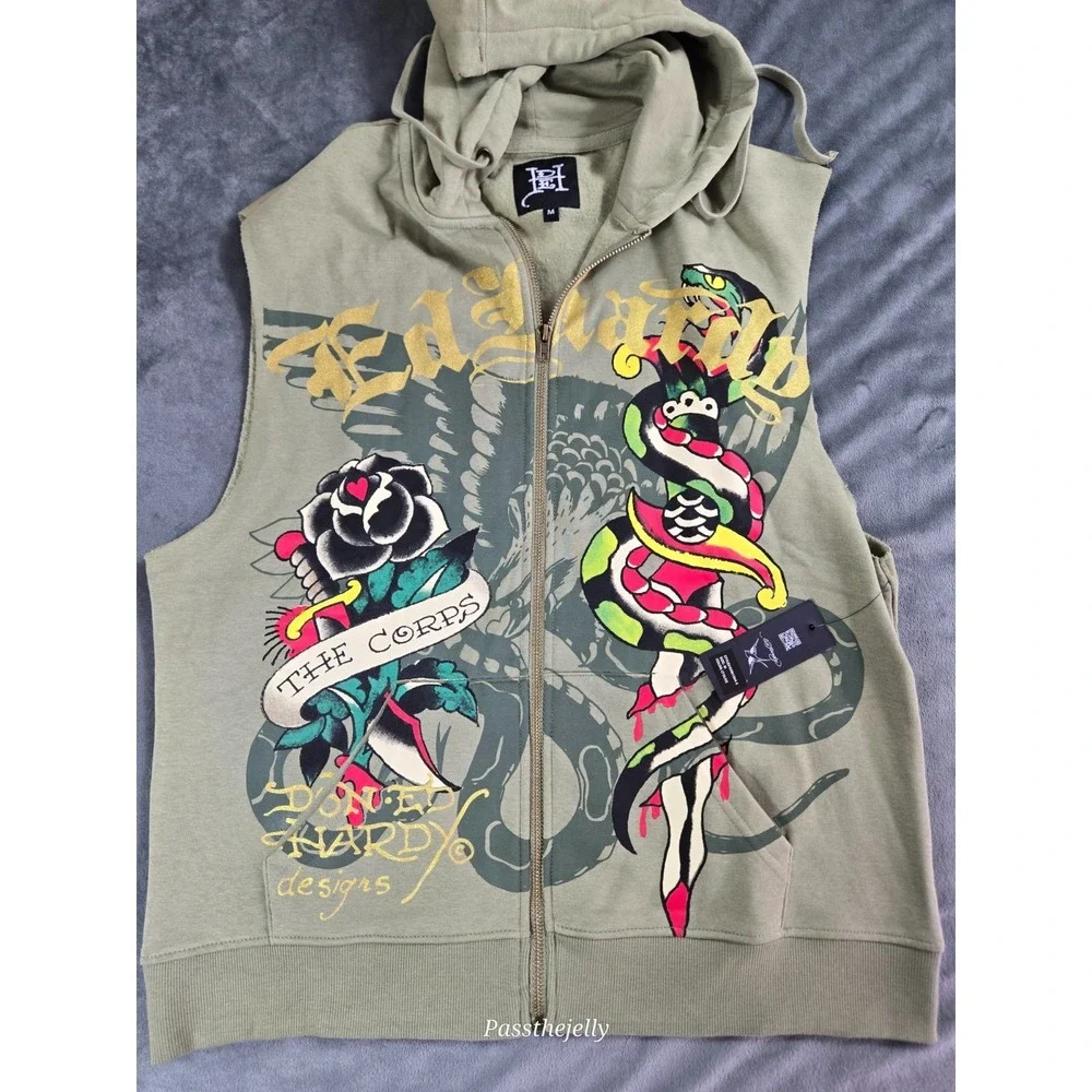 Ed Hardy Jacket Vest Mens Medium Full Zip Sleeveless‎ Dagger Tattoo Snake Hoodie